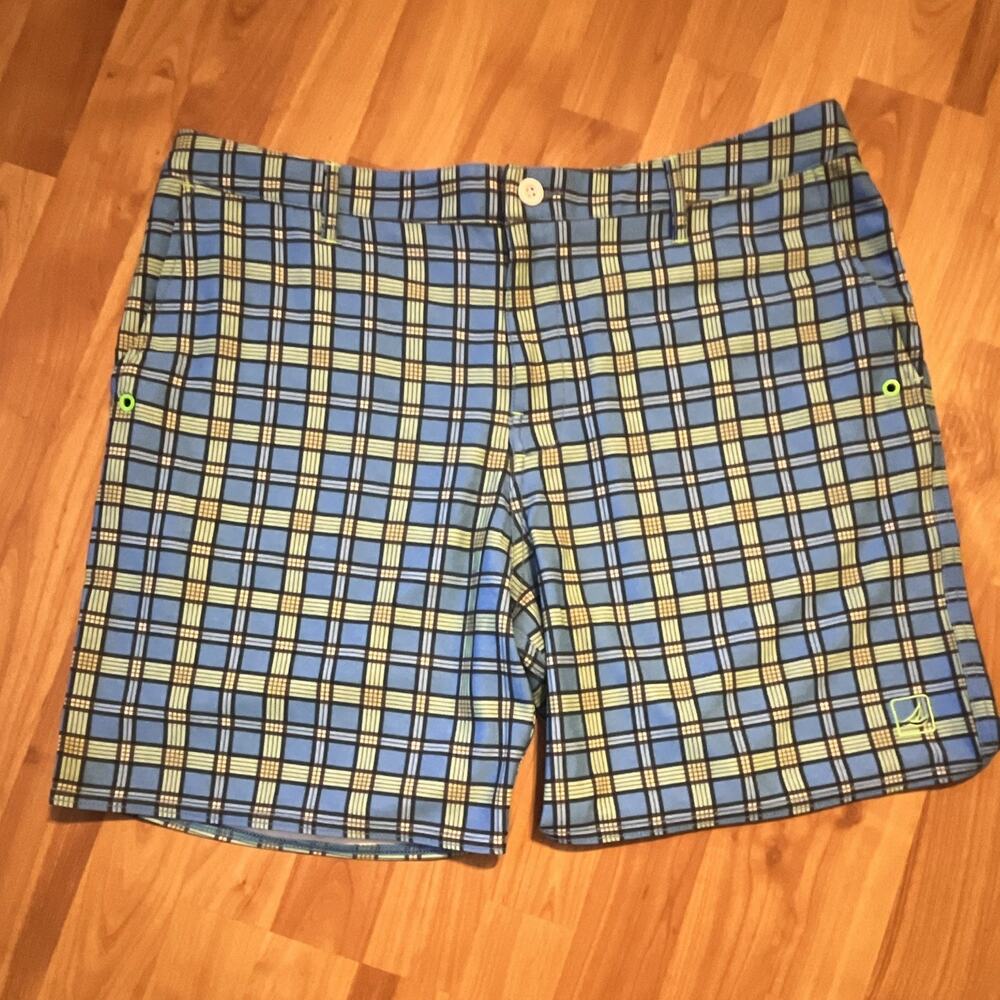 Sperry Top-Sider Men’s Blue Green Plaid Chino Shorts Flat Front Button Logo